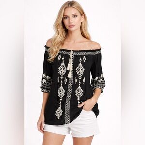 Tantrums Women’s Off The Shoulder Top Size Small Black W/white Embroidery Lined